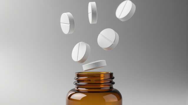 Pills falling from bottle create dynamic scene, showcasing concept of health and wellness. amber container contrasts with white tablets