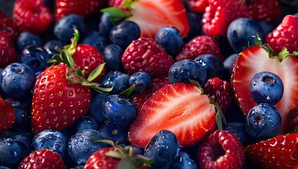 Obraz premium Close-up of fresh strawberries, blueberries, and raspberries. Wet berries arranged, focus on vibrant colors