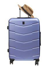 Wheeled plastic suitcase. Brimmed sunhat on top for summer resort and beach travel. Modern hardshell