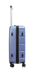 Large wheeled suitcase, side view. Telescopic handle, zipper closure on the hard plastic shell.