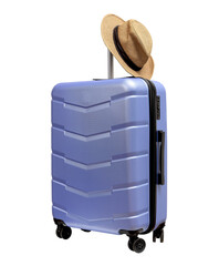 Angled view, large wheeled suitcase with sun hat on top for sea beach resort and vacation. Closed