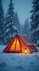 Cozy festive photo of winter emergency tent with lantern light. Gentle snowfall and warm glow for winter outdoor safety scene