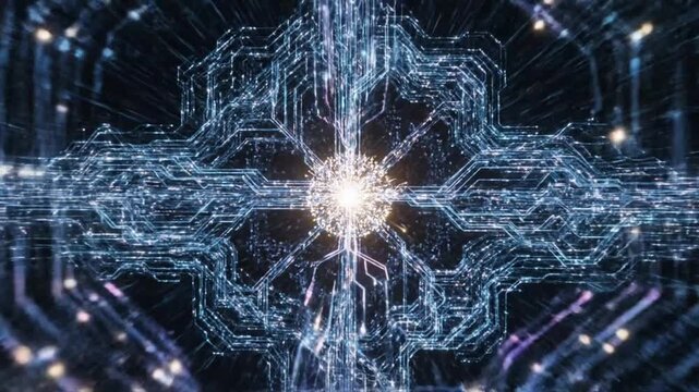 Circuitry Cosmos: An electrifying journey into the digital realm, showcasing an intricate network of glowing circuits forming a mesmerizing, celestial pattern.