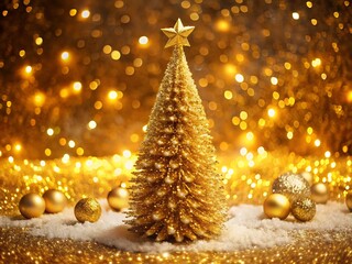 Festive golden christmas tree adorned with sparkling lights and ornaments, evoking a sense of holiday cheer and luxury