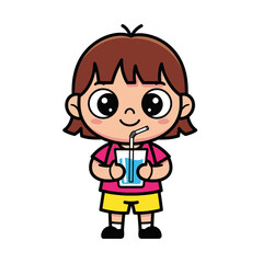 Obraz premium Happy Boy Drinking Soda Illustration – Cute Child with Soft Drink Cup for Kids, Beverage & Lifestyle Design