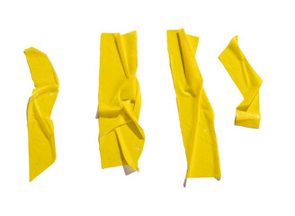 Set of yellow adhesive tape strips with wrinkles, folds, and glossy surface texture. Abstract sticky
