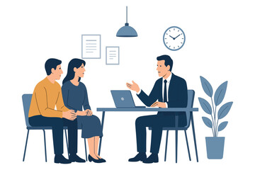 Business advisor meeting with couple for professional consultation and financial discussion flat vector illustration