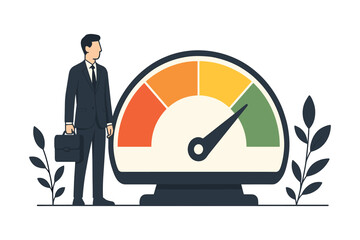 Business man standing near performance meter showing progress growth success level and work efficiency result flat vector illustration