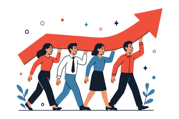 Business people walking together holding an upward arrow showing teamwork growth and success flat vector illustration