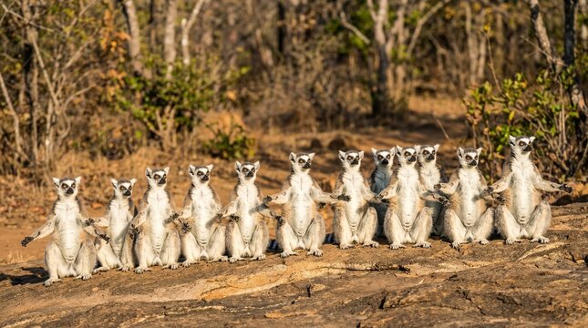 Ring-tailed Lemurs sunbathing in a row(一列に並んで日光浴するワオキツネザル)