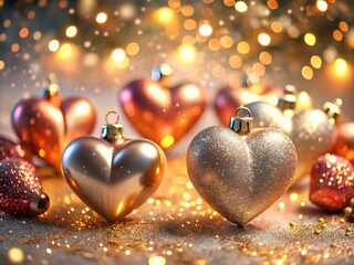 Sparkling heart-shaped ornaments adorning a festive display with blurred bokeh lights