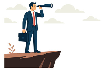 Businessman standing on cliff using telescope to look ahead for future opportunities flat vector illustration