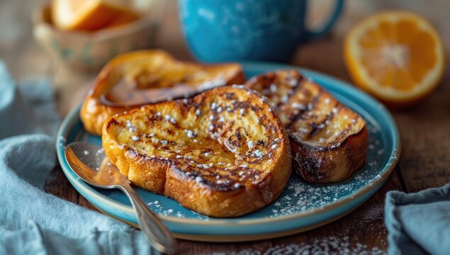 Close-up of golden French toast dusted with powdered sugar, orange slices and coffee mug