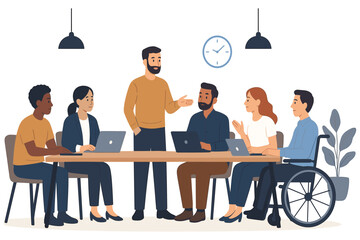 Diverse business team having meeting at table with laptops showing teamwork communication leadership and inclusive workplace flat vector illustration