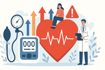 Doctor checking heart health with woman sitting on heart shape showing health care and awareness flat vector illustration