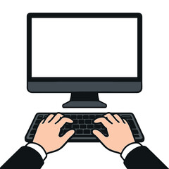 Hands typing on computer keyboard with blank monitor screen showing office work programming and digital workspace flat vector illustration