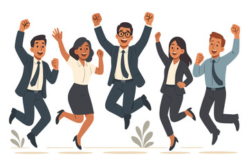 Happy business team jumping together to celebrate success achievement teamwork and positive work result flat vector illustration