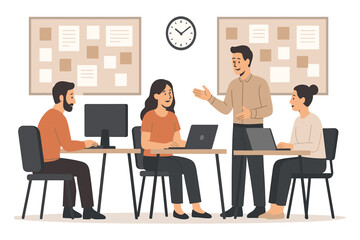 Office team working together at desks with laptops while manager explaining ideas during group discussion flat vector illustration