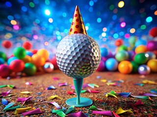 A whimsical golf ball sporting a party hat sits center stage amidst a vibrant celebration with balloons and confetti