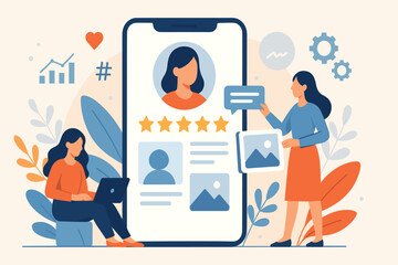 People using smartphone app with user profile rating and digital content showing mobile experience flat vector illustration