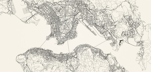 City street and transportation map of Hong Kong, China, in black and light beige. High resolution full frame minimalist poster style road map or urban street plan of Hong Kong. Vintage look. © tuomaslehtinen
