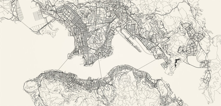 City street and transportation map of Hong Kong, China, in black and light beige. High resolution full frame minimalist poster style road map or urban street plan of Hong Kong. Vintage look.