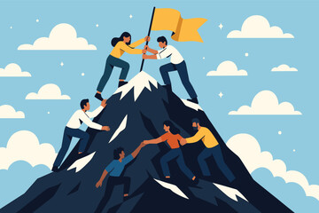 People working together to climb a mountain and place a flag showing teamwork and success flat vector illustration