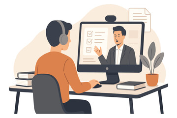 Person attending online learning class on desktop computer listening to teacher and studying lesson at home flat vector illustration
