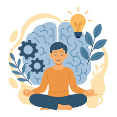 Person sitting in meditation with calm mind brain focus creative thinking mindfulness and mental clarity flat vector illustration