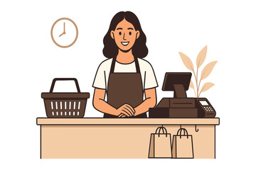 Smiling shop cashier standing behind counter with cash register showing retail service checkout and customer support flat vector illustration