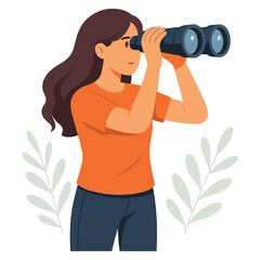 Woman holding binoculars and looking forward showing vision focus search and future planning concept flat vector illustration