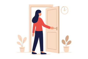 Woman opening door and stepping inside showing new beginning opportunity and welcome moment flat vector illustration