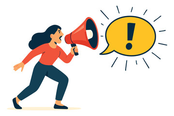 Woman speaking loudly through megaphone showing announcement warning message and public communication concept flat vector illustration