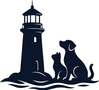 Stylish Pet Illustration:blue Cat and Dog and mercusuar