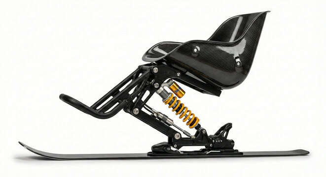 Adaptive skiing sit-ski with carbon fiber seat and shock absorber isolated on white