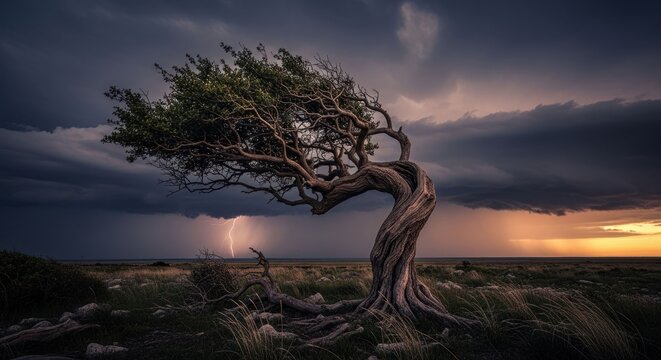 A lone, windswept tree with a lightning strike under a stormy sky