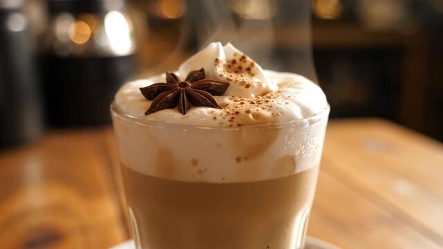 A close-up shot captures a steaming, decadent hot beverage presented in a clear glass on a warm wooden surface. Layers of rich, light brown liquid are crowned with an abundant swirl of creamy white fo