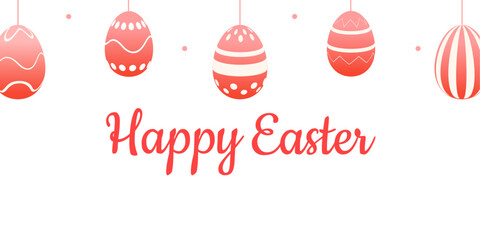 Happy Easter greeting card with hanging pink gradient eggs. Festive vector template for holiday invitations, banners and spring celebrations.