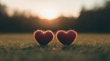 Fototapeta premium Two knitted hearts on grass at sunset outdoors