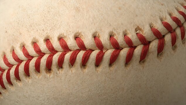 A close-up view of a baseball, highlighting the stitching and the texture of the ball