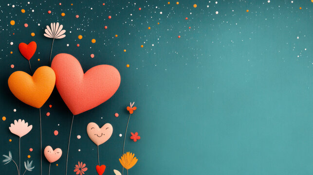 Colorful heart shapes on teal background with flowers