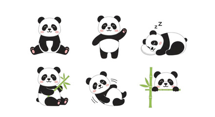 Cute panda cartoon character set, isolated on white background, showing various actions and emotions