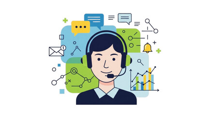 Customer service operator with headset and icons, illustration.