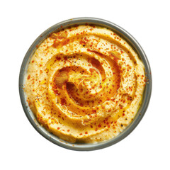 Creamy hummus swirl topped with paprika and olive oil in a gray bowl isolated on white background