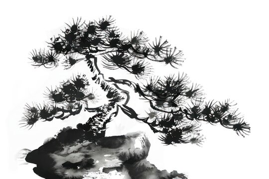 Pine tree Japanese minimal art illustrated drawing.