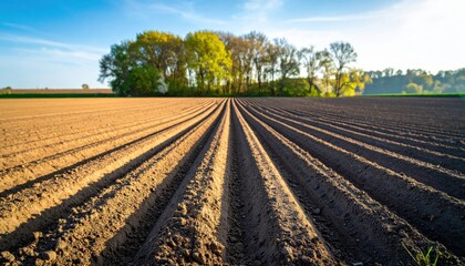 A freshly plowed agricultural field with distinct rows stretching towards distant trees.