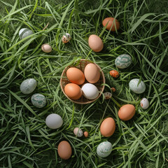 A wicker basket filled with eggs rests in lush green grass. Various colored eggs, some speckled, lie scattered around the basket in the tall grassy field.