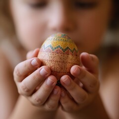 Child holds ornately decorated egg with careful hands in close view. The softly blurred background draws attention to the eggs intricate artistry and careful handling.