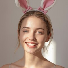 A person wears pink bunny ears with small bows, smiling brightly. Soft light highlights their face, light brown hair, and a warm gentle expression with subtle shadows.