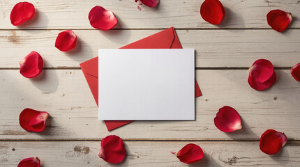 White card rests on red envelopes surrounded by rose petals. Light wooden planks serve as backdrop for vibrant red rose petals and stationery items.